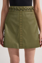 Load image into Gallery viewer, Women Light Green Leather Eyelet Lace Trim Mini Skirt