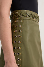 Load image into Gallery viewer, Women Light Green Leather Eyelet Lace Trim Mini Skirt