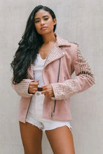 Load image into Gallery viewer, Women Pink Suede Studded Leather Jacket