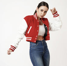 Load image into Gallery viewer, Women Red Bomber Varsity Leather Jacket