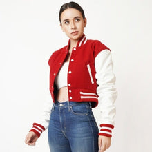 Load image into Gallery viewer, Women Red Bomber Varsity Leather Jacket
