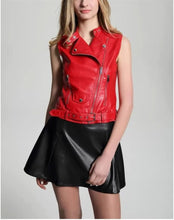Load image into Gallery viewer, Women Red Leather Biker Vest