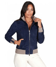 Load image into Gallery viewer, Women Royal Blue Suede Bomber Leather Jacket