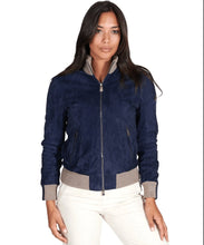 Load image into Gallery viewer, Women Royal Blue Suede Bomber Leather Jacket