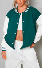 Load image into Gallery viewer, Women Sea Green Varsity Leather Bomber Jacket