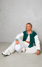 Load image into Gallery viewer, Women Sea Green Varsity Leather Bomber Jacket