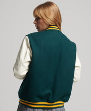 Load image into Gallery viewer, Women Sea Green Varsity Leather Jacket