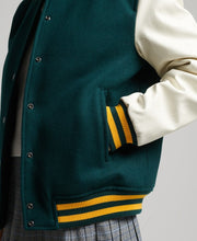 Load image into Gallery viewer, Women Sea Green Varsity Leather Jacket