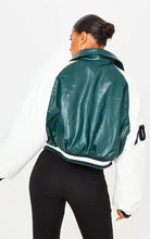 Load image into Gallery viewer, Women Sea Green Varsity Leather Jacket With White Sleeves