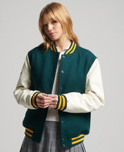 Load image into Gallery viewer, Women Sea Green Varsity Leather Jacket
