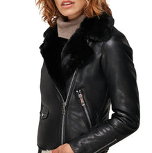 Load image into Gallery viewer, Women Sheepskin Black Biker Leather Jacket
