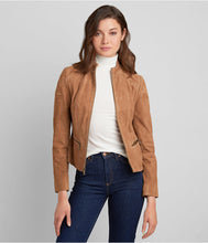 Load image into Gallery viewer, Women Suede Biker Leather Jacket in Tan Brown