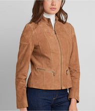 Load image into Gallery viewer, Women Suede Biker Leather Jacket in Tan Brown