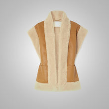 Load image into Gallery viewer, Women Tan Brown Shearling Leather Vest with Open Closure