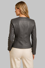Load image into Gallery viewer, Back View of Women Dark Gray Real Leather Collarless Jacket