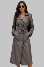 Load image into Gallery viewer, Front View of Women Gray Double Breasted Leather Trench Coat