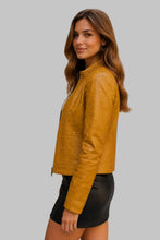 Load image into Gallery viewer, Side View of Women Mustard Yellow Crocodile Embossed Leather Jacket