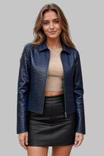Load image into Gallery viewer, Front View of Women Navy Blue Crocodile Embossed Leather Jacket