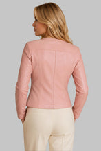 Load image into Gallery viewer, Back View of Women Pink Leather Collarless Jacket