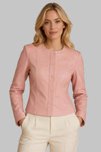 Load image into Gallery viewer, Front View of Women Pink Leather Collarless Jacket