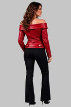 Load image into Gallery viewer, Back View of Women Red Off Shoulder Leather Jacket