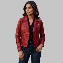 Load image into Gallery viewer, Women Red Ostrich Embossed Leather Biker Jacket