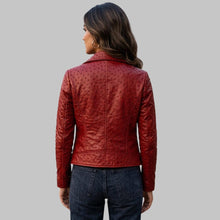 Load image into Gallery viewer, Back View of Women Red Ostrich Embossed Leather Biker Jacket