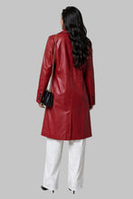 Load image into Gallery viewer, Back View of Women Red Real Leather Mid Length Coat