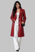 Load image into Gallery viewer, Front View of Women Red Real Leather Mid Length Coat