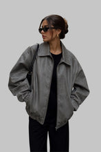 Load image into Gallery viewer, Front View of Women Stylish Gray Leather Oversized Bomber Jacket