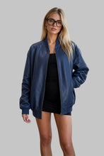 Load image into Gallery viewer, Front View of Women Stylish Navy Blue Oversized Leather Bomber Jacket