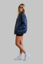Load image into Gallery viewer, Side View of Women Stylish Navy Blue Oversized Leather Bomber Jacket