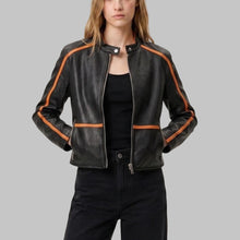 Load image into Gallery viewer, Women's Black Leather Biker Jacket with Orange Stripes