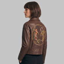 Load image into Gallery viewer, Women's Brown Koi Fish Embroidered Leather Biker Jacket