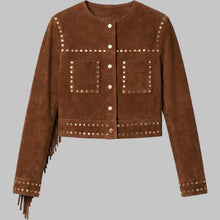 Load image into Gallery viewer, Women's Brown Suede Studded Leather Fringed Jacket