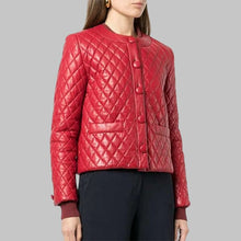 Load image into Gallery viewer, Women’s Collarless Quilted Red Leather Jacket