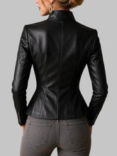 Load image into Gallery viewer, Back View of Women's Fitted Black Leather Peplum Jacket