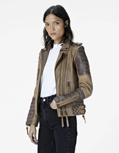 Load image into Gallery viewer, Womens Beige Leather Cafe Racer Jacket with Stylish Gray Quilted Accents
