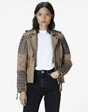 Load image into Gallery viewer, Womens Beige Leather Cafe Racer Jacket with Stylish Gray Quilted Accents