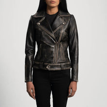 Load image into Gallery viewer, Womens Black Distressed Leather Biker Jacket