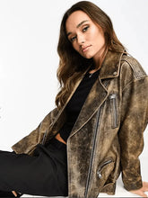 Load image into Gallery viewer, Women's Distressed Biker Leather Jacket with Belt
