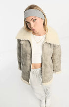 Load image into Gallery viewer, Women's White Distressed Shearling Leather Bomber Jacket