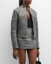 Load image into Gallery viewer, Women's Gray Distressed Leather Jacket