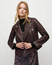 Load image into Gallery viewer, Women's Mahogany Red Distressed Biker Leather Jacket