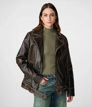 Load image into Gallery viewer, Women's Oversized Distressed Leather Moto Jacket