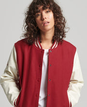 Load image into Gallery viewer, Women’s Red Varsity Leather Jacket With White Sleeves