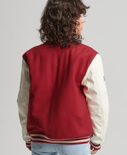 Load image into Gallery viewer, Women’s Red Varsity Leather Jacket With White Sleeves