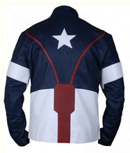 Load image into Gallery viewer, Men's Red Blue and White Real Leather Avengers Jacket with Stand Up Collar Heroic Style