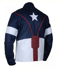 Load image into Gallery viewer, Men's Red Blue and White Real Leather Avengers Jacket with Stand Up Collar Heroic Style