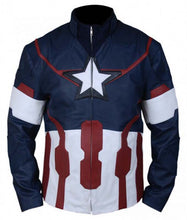 Load image into Gallery viewer, Men's Red Blue and White Real Leather Avengers Jacket with Stand Up Collar Heroic Style